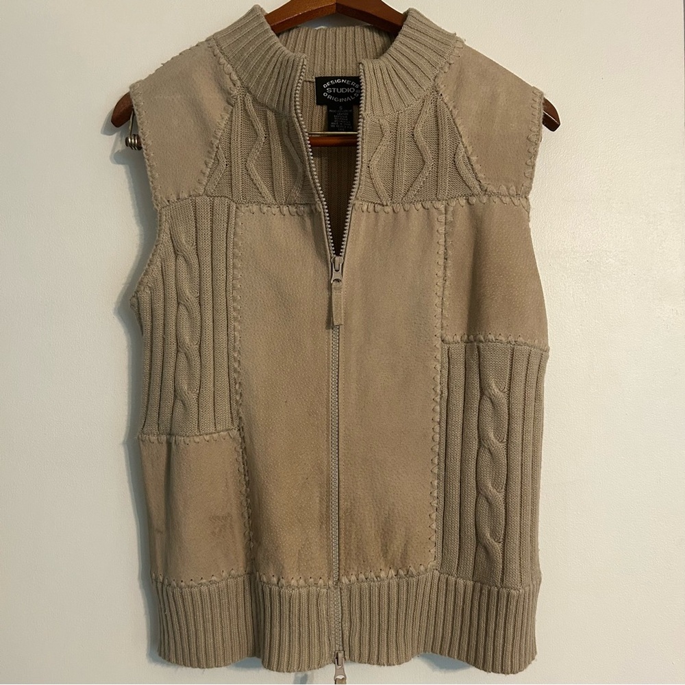 Vintage Designers Originals Tan Cable Knit Suede Vest Women’s Small 2 Way Zip